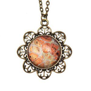 Filigree Pendant & Necklace Orange and Gold Fluid Art